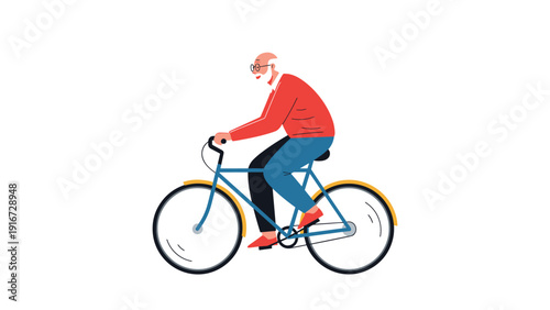 Active elderly man with a white beard and glasses riding a blue bicycle wearing a red sweater and blue pants for exercise.