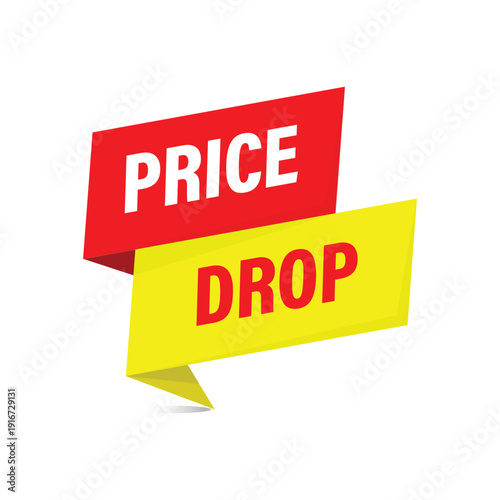 Price drop promotional ribbon banner in red and yellow for retail markdowns and seasonal sales events