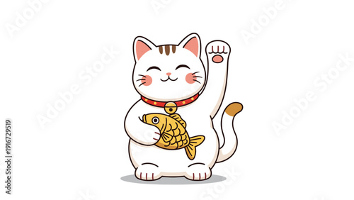 Traditional Japanese Maneki-neko lucky cat illustration holding a golden fish and waving its paw to bring good fortune and prosperity.