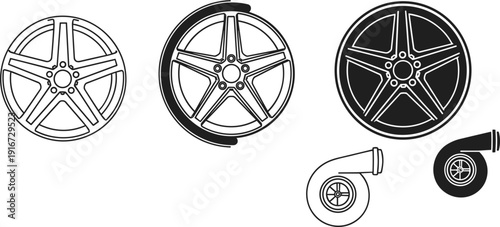 Sport alloy wheel rims and turbocharger icons automotive performance vector illustration set