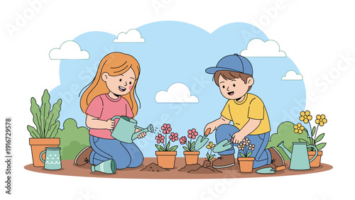 Two happy young children working together in a garden while planting flowers and watering plants on a bright sunny day with clouds.