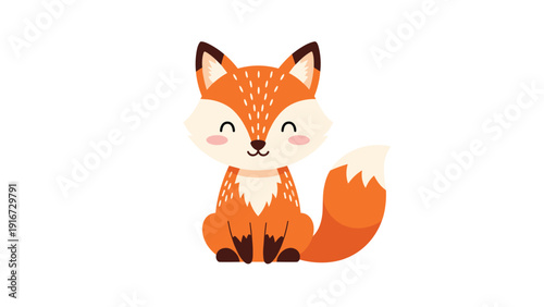 Adorable baby fox illustration with a friendly smile, fluffy white chest, and a large bushy tail in a clean cartoon style.