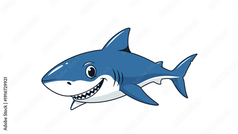 Obraz premium Friendly cartoon shark with a large toothy smile swimming through the ocean in a bright blue and white color palette.