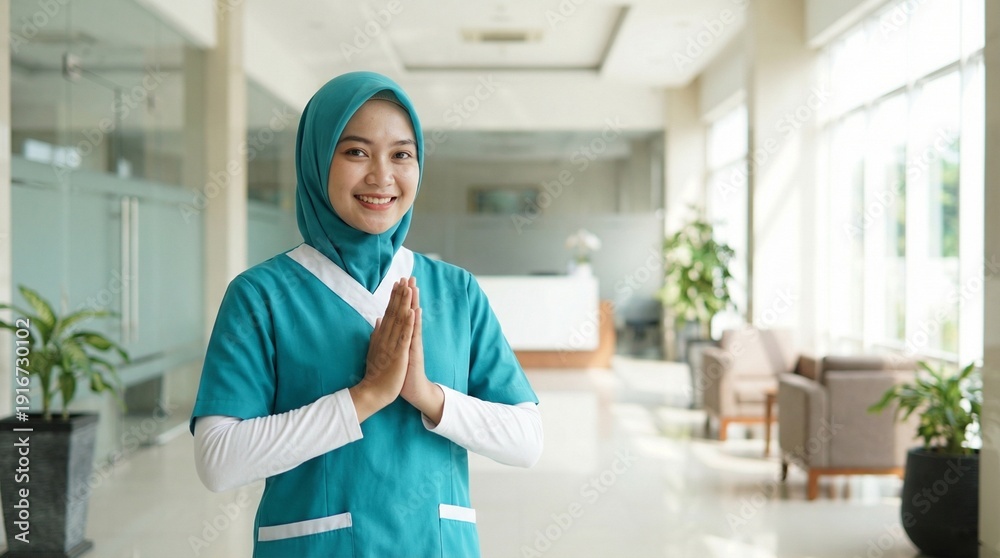 Obraz premium Smiling Muslim Nurse in Teal Hijab Welcoming with Traditional Gesture