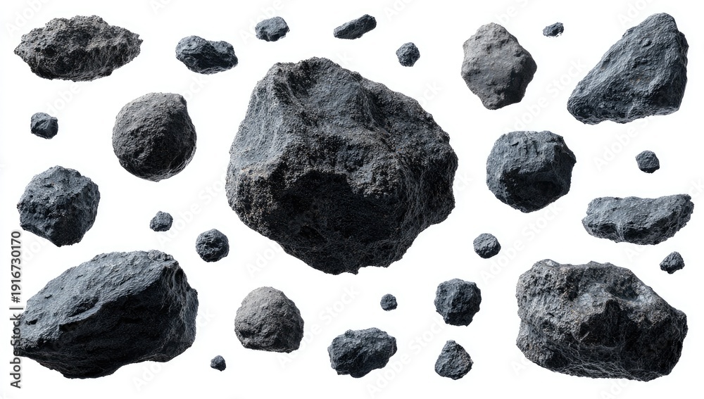 Naklejka premium Diverse collection of gray, textured rocks scattered on a bright white background