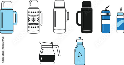 Thermos water bottle and coffee pot icons set vector illustration collection