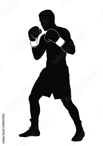 Silhouette of a boxer in a fighting stance with gloves raised isolated on white background, Vector, illustration