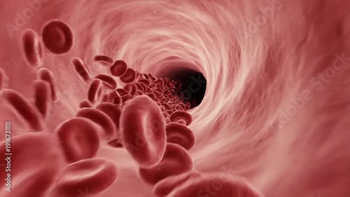 Red blood cells move through a human blood vessel in a detailed animation showing their flow and function in the body