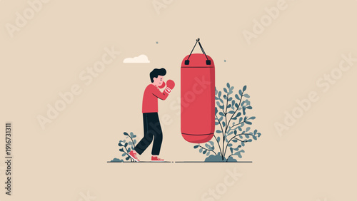 A man in boxing gloves practices with a red punching bag in a stylized, minimalist outdoor setting