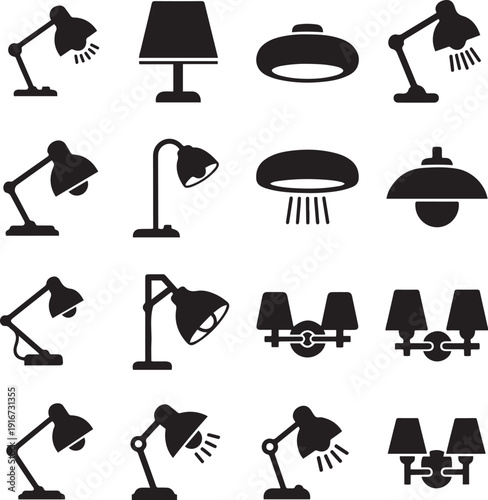 Collection of black desk lamps and wall sconces on white background table lamp light lighting
