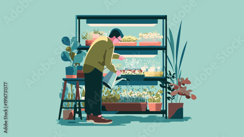 Person waters plants in a brightly lit indoor garden with multiple shelves of greenery