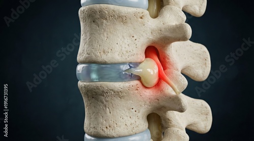 3D rendering of a human lumbar spine showing a herniated disc compressing a spinal nerve, causing pain and discomfort.