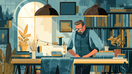 A tailor works at a sewing machine in a room filled with books and plants