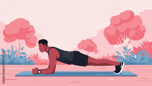 Man doing a plank exercise outdoors with stylized pink trees and blue foliage