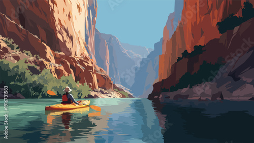 Person kayaks on a serene river through majestic, sun-kissed canyon walls
