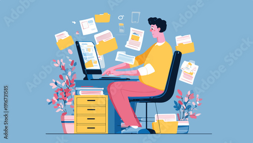 Person working at a desk with a computer, surrounded by floating documents and plants