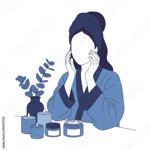 Woman applying skincare routine with candles and plants in spa setting  