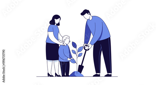 Family planting a young tree together in a minimal style illustration  