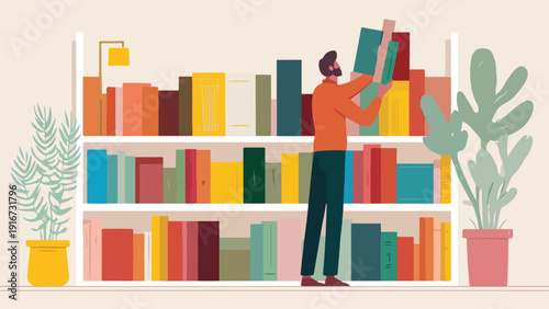 A man selects a book from a colorful bookshelf next to houseplants