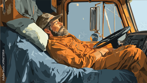 A man in an orange jumpsuit and cap sleeps soundly in the driver's seat of a truck