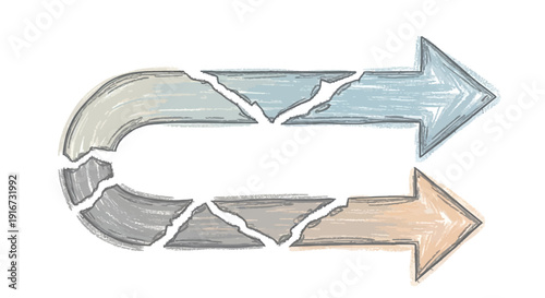 Broken arrows point in opposite directions on white background 