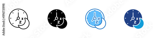 Sleep Time Multiple Style Icon Design Vector - Clock with sleep indicator representing bedtime routine, rest schedule, and sleep tracking