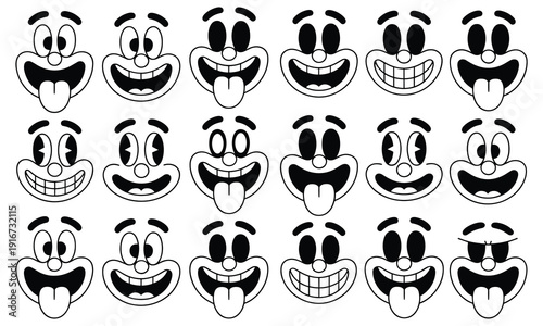 Vintage cartoon face expressions set, retro black and white mascot smile characters collection illustration