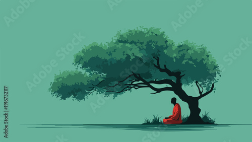Person in red robes meditates peacefully under a large, leafy tree