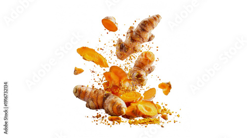 Fresh turmeric root pieces and powder flying in the air isolated on a white background