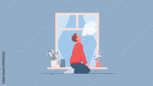 A person kneels by a window, exhaling a cloud of vapor, with plants on the sill