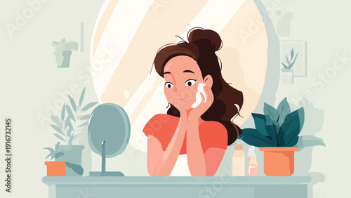 Woman applying skincare product to her face in front of a mirror