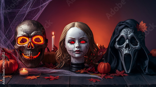 Halloween Display with Creepy Heads, Pumpkins, and Candlelight