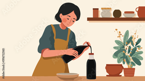 Person pouring dark liquid from bottle into another bottle, with plant and pottery