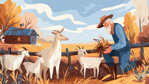 Farmer feeding goats with hay in a rural farm with autumn trees