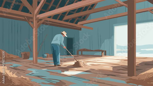 Person sweeping inside a rustic barn with wooden beams and a dirt floor