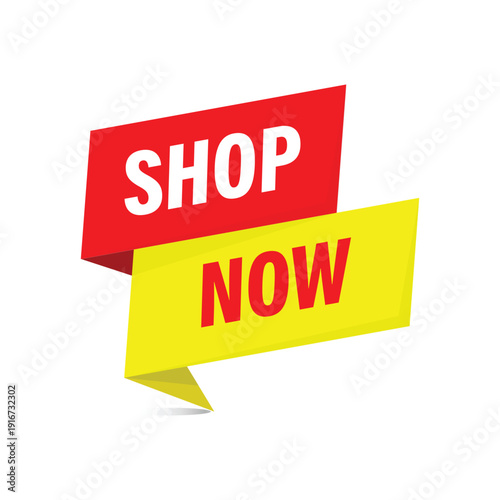 Shop now promotional ribbon banner for ecommerce websites and retail stores using red and yellow colors