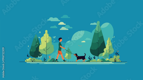 Person walking dog by lake amidst abstract trees under cloudy sky