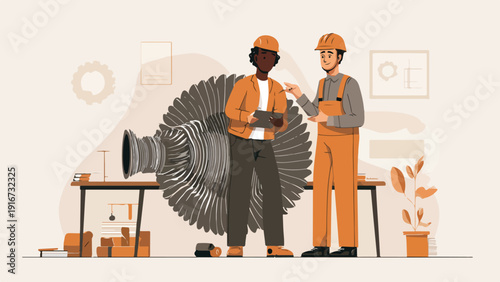 Two engineers in hard hats discuss a large turbine component with documents nearby