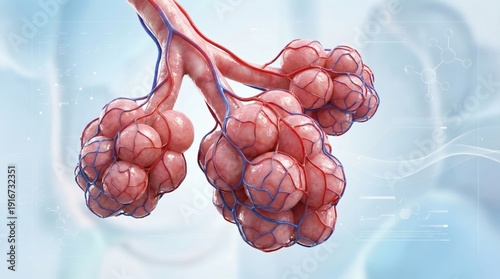 Detailed 3D rendering of human alveoli and bronchioles, illustrating the microscopic structure of the respiratory system and gas exchange.