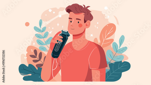 Smiling man with electric razor near decorative foliage and scattered shapes