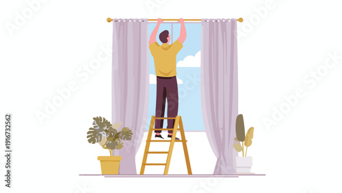 Person on ladder adjusts curtains near window with plants