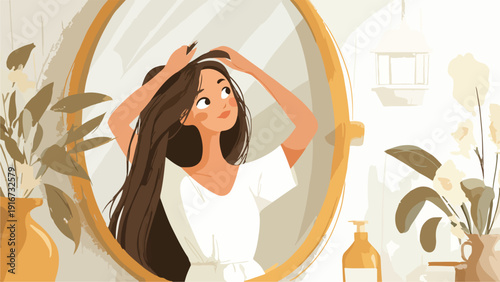 Woman styles her long, dark hair in front of a decorative mirror with plants and bottles