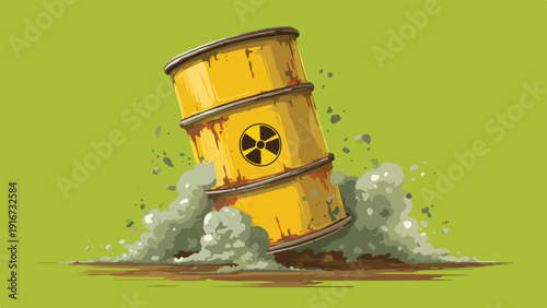 Radioactive barrel leaking hazardous waste, creating clouds of toxic smoke