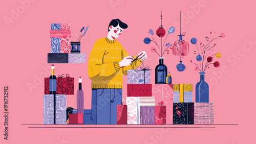 Person wrapping gifts with decorative items and bottles against a pink background