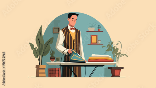 A man in vintage attire irons clothes on a board surrounded by plants and decor