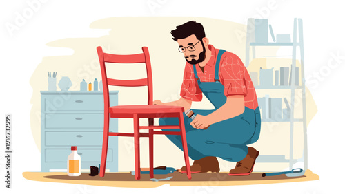 A person in overalls repairs a red chair in a room with furniture and tools