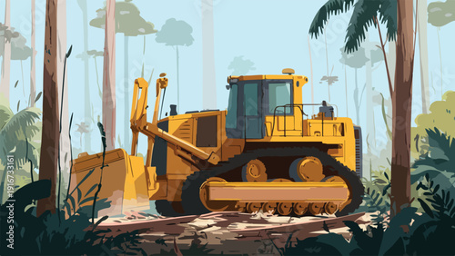 Yellow bulldozer clearing land in a lush, tropical forest with tall trees