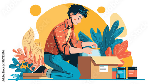 Person packing items into a box surrounded by stylized foliage and abstract shapes
