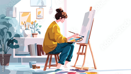 A person sits on a stool, painting on a canvas with a palette and brush