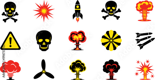 Explosion danger icon set with skull rocket bomb blast warning symbol nuclear mushroom cloud vector illustration hazard collection isolated